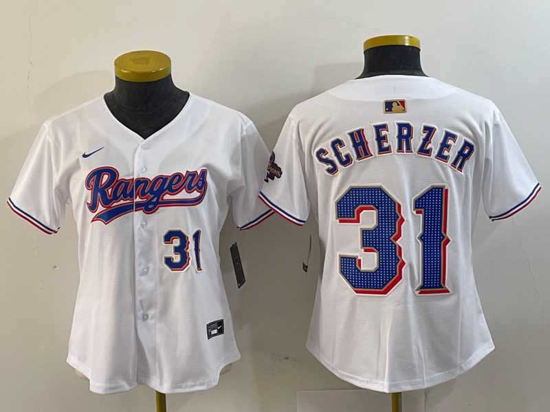 Womens Texas Rangers #31 Max Scherzer Number White 2024 Gold Collection Limited Cool Base Jerseys->mlb womens jerseys->MLB Jersey